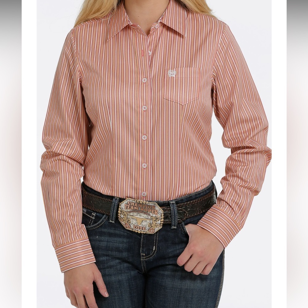 Women’s Cinch Button Up- Pink/Orange Stripe